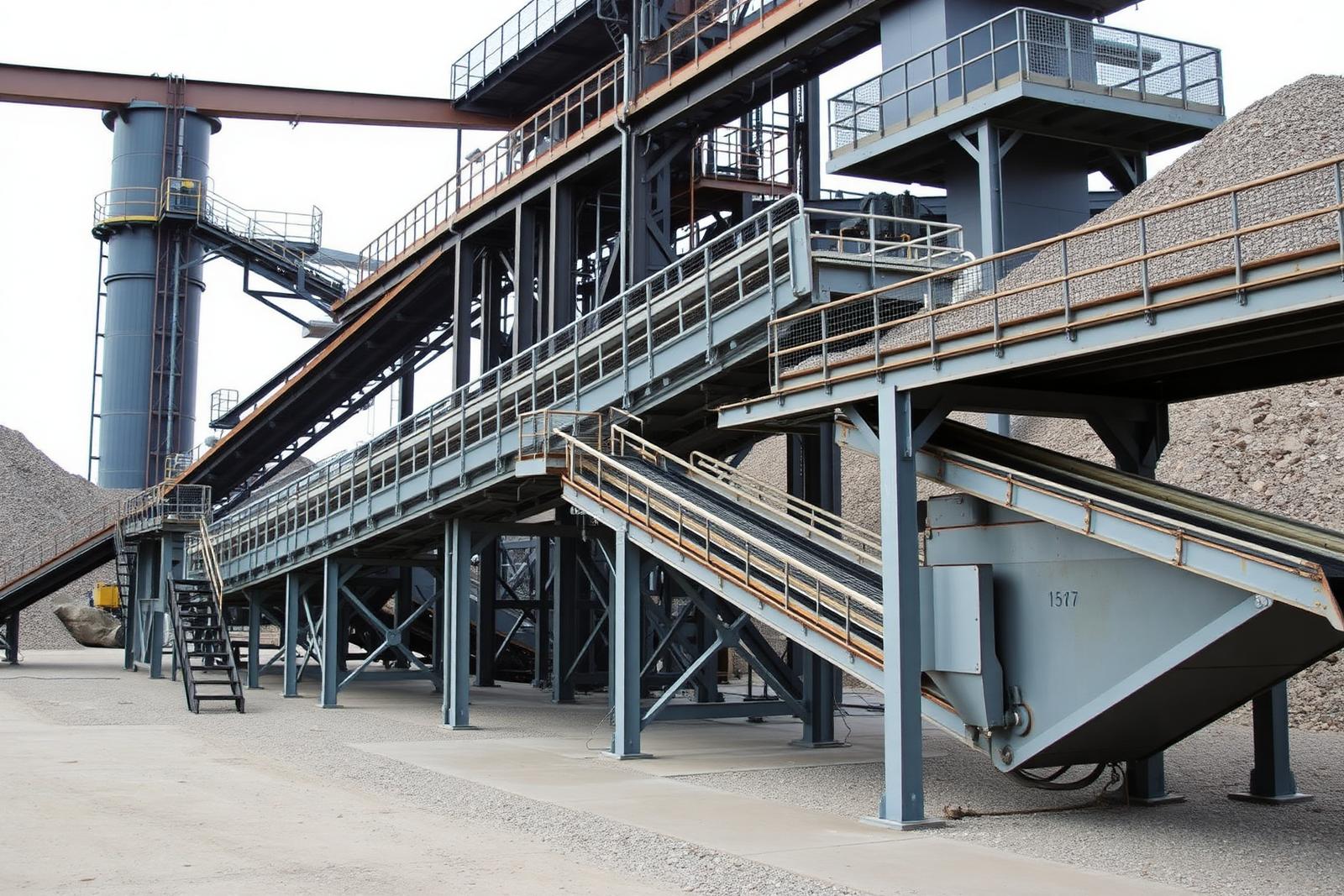 Aggregate quarry plant with conveyors and stockpiles