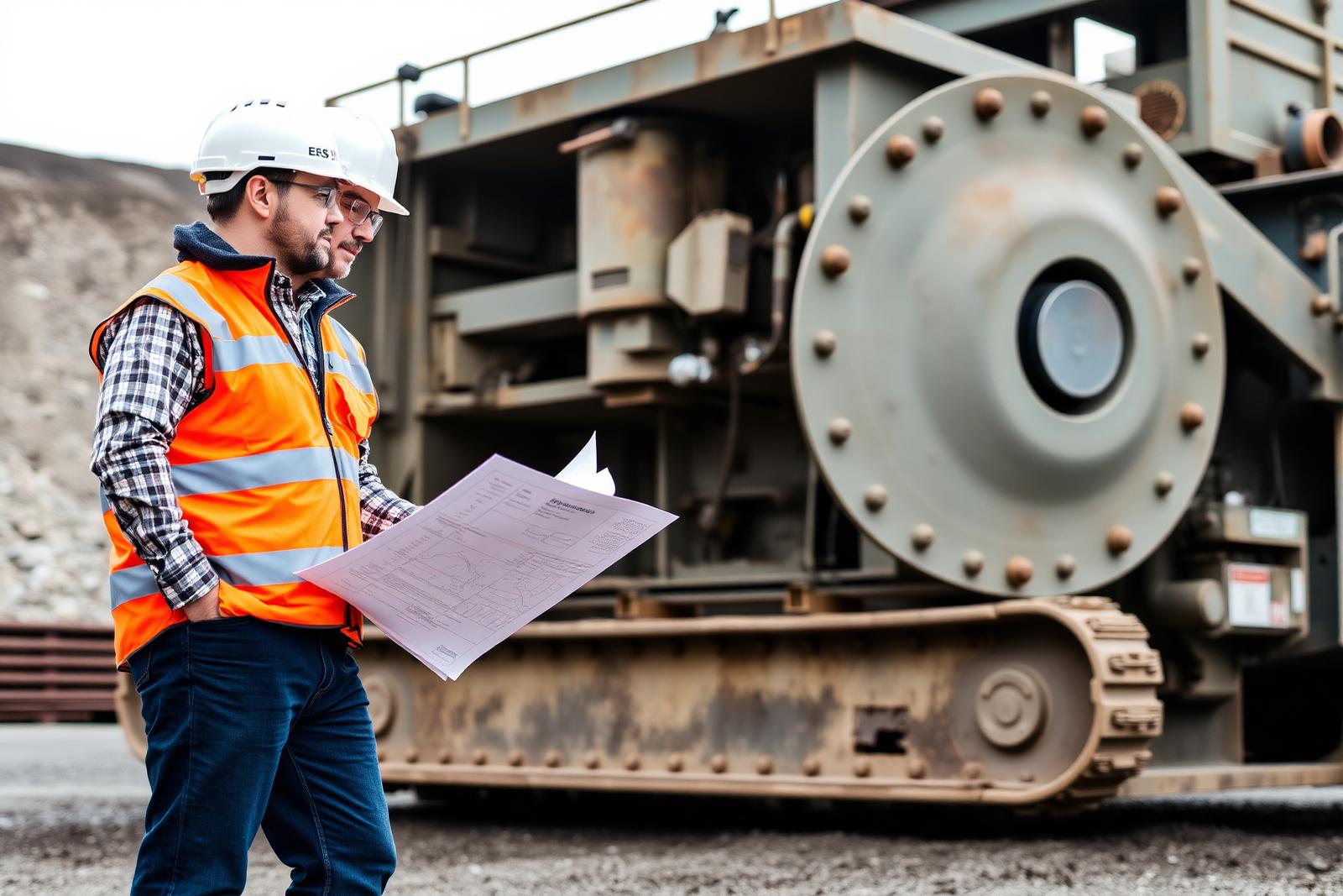 Singh Crushers engineers reviewing drawings beside a track-mounted crusher on site