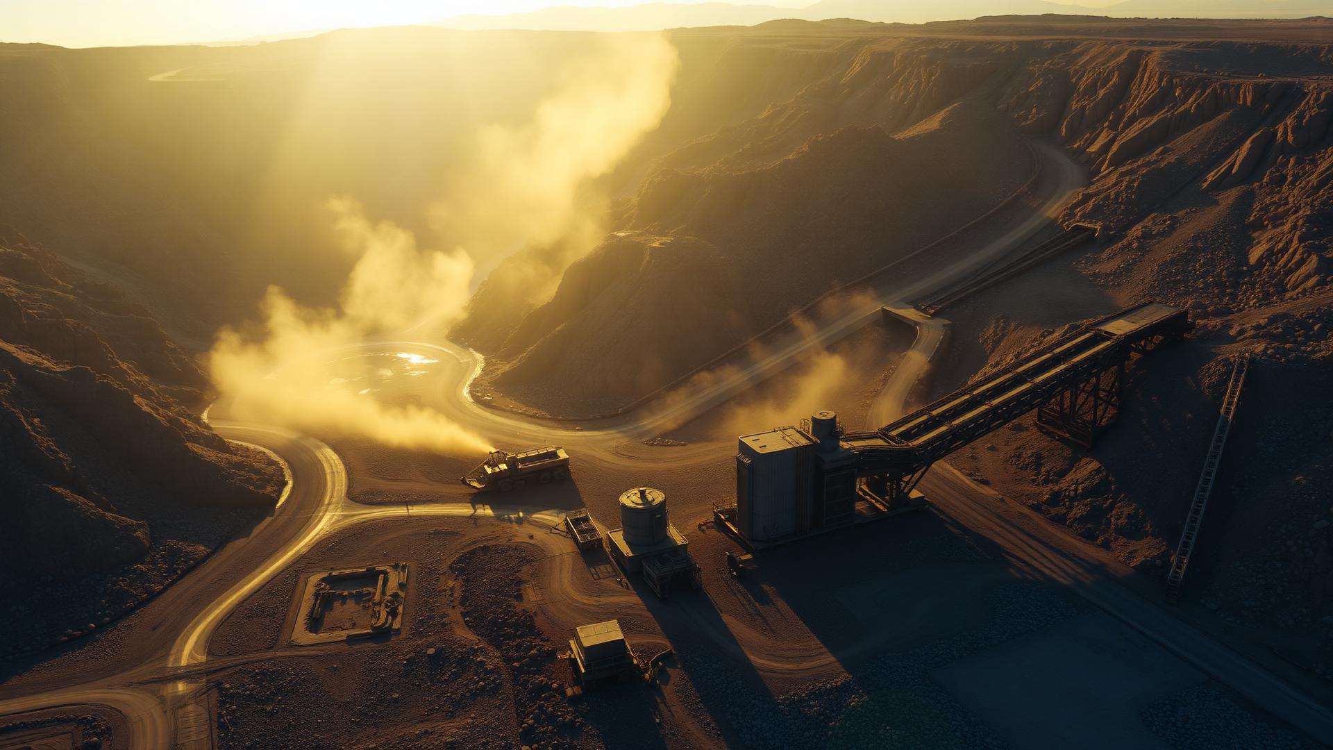 Open mining pit with heavy crushing equipment at sunrise